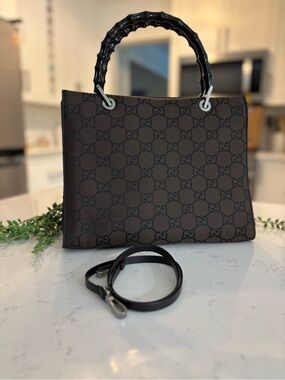 Gucci Brown GG Canvas Tote with Black Bamboo Handle